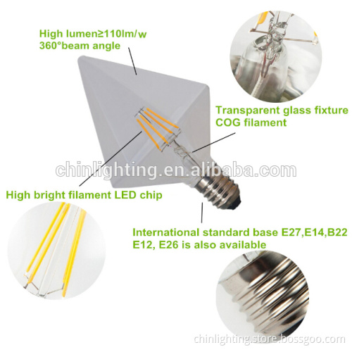 Diamond styled edison bulb clear full glass 2700K led 4w vintage edison bulb